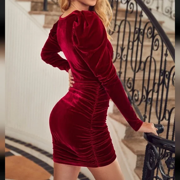 Shein Dresses | Shein Bae Gigot Sleeve Ruched Velvet Bodycon Sexy Red Burgundy Dress | Color: Red | Size: M | Ladymissb's Closet